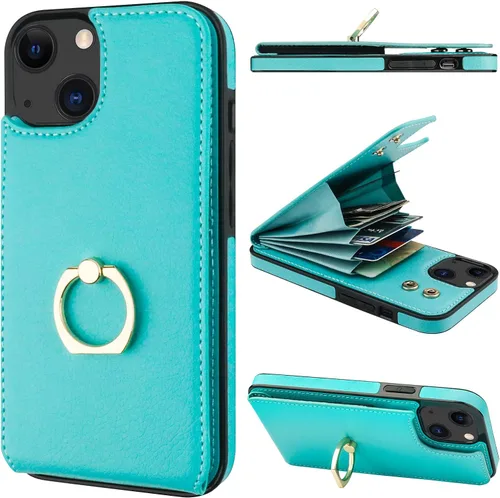 Vista 12 de Folosu Funda tipo billetera compatible con iPhone 14 con soporte para tarjetas, soporte de anillo para dedo con rotación de 360° y función atril
