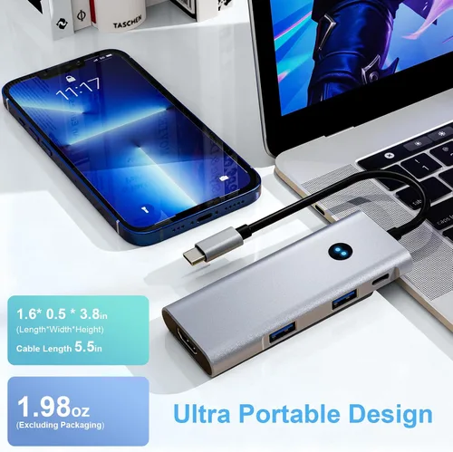 Vista 7 de Concentrador USB C 6 en 1, adaptador multipuerto HDMI USB-C 4K 4K @60Hz HDMI, 2 USB-C y 2 USB-A 10Gbps, 100W PD, botón de privacidad