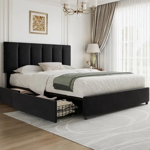 Vista 51 de VECELO Base de cama de tamaño individual con cajón de almacenamiento, base de cama de plataforma resistente con cabecera y fuerte soporte de Negro