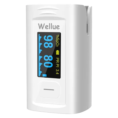 Vista 10 de Wellue - Pulsioxímetro de dedo, monitor de saturación de oxígeno en sangre con baterías, bolsa de transporte y cordón para uso de bienestar