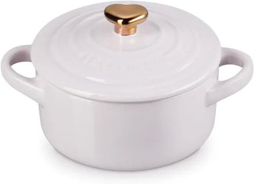 Vista 7 de Le Creuset Gres Mini redondo Cocotte, 8oz., Cerise con perilla de corazón dorado