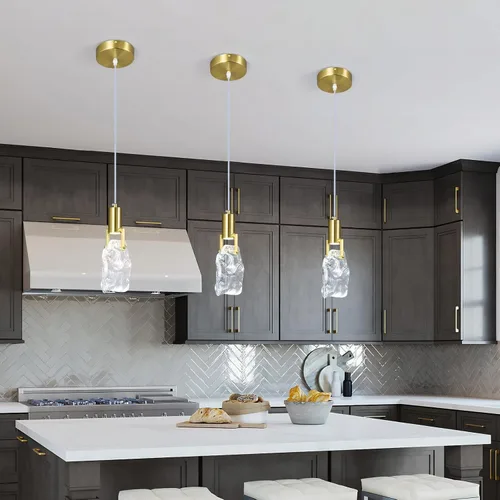 Vista 2 de Modernas luces colgantes doradas para isla de cocina, lámpara colgante de cristal irregular transparente, mini luces colgantes LED para cocina