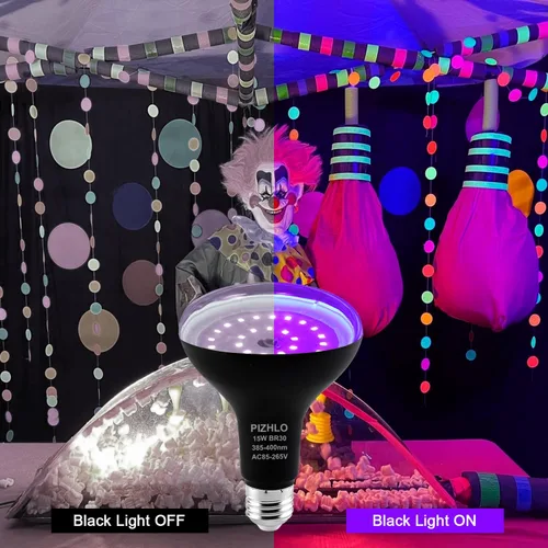 Vista 3 de 4 bombillas LED negras de 15 W, BR30 E26, carcasa negra, bombilla LED negra, 385-400 nm, brilla en la oscuridad para fiestas de luz negra, pintura
