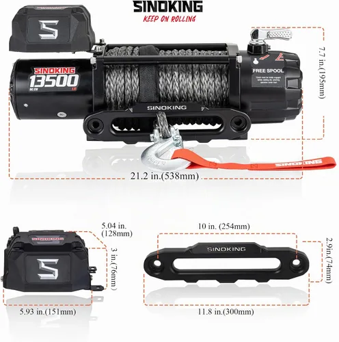 Vista 6 de SINOKING Cabrestante eléctrico de 13500 libras para Jeep, camión, SUV, cabrestante de remolque y cabrestante de barco - Cuerda sintética resistente