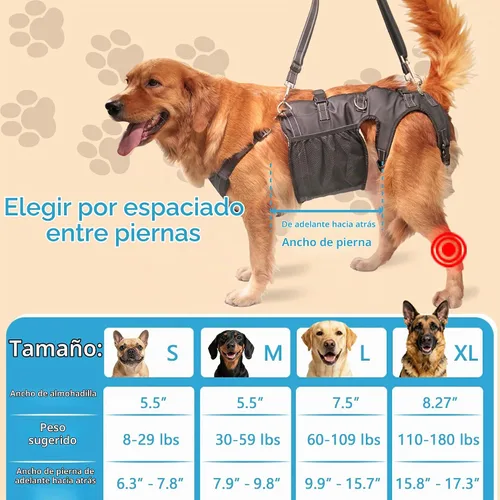 Vista 3 de Arnés doble uso para perro SyFatWeen con soporte para las patas traseras y cadera, cabestrillo canino para elevación de perro, ajustable y suave