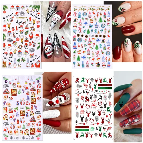 Vista 6 de 8 hojas de calcomanías de uñas de Navidad 3D, calcomanías de uñas de Navidad de invierno, dibujos animados, alce, copo de nieve, Papá Noel, muñeco