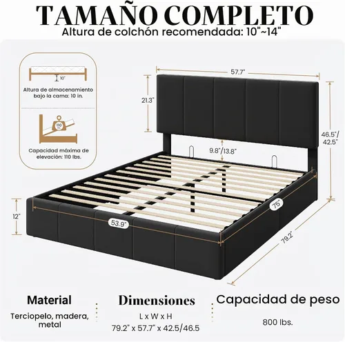 Vista 2 de SHA CERLIN - Marco de cama de almacenamiento elevable, tamaño matrimonial, con cabecero, color negro Cabecera ajustable, almacenamiento hidráulico