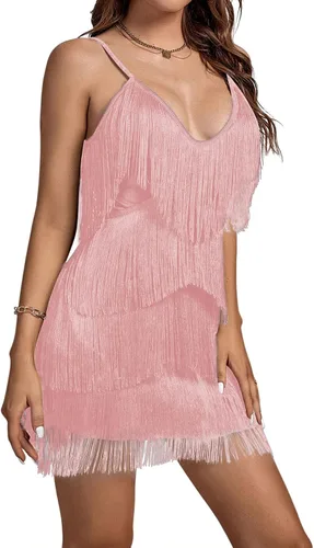 Vista 3 de Umenlele Minivestido sin mangas con flecos en capas y cuello en V profundo para mujer