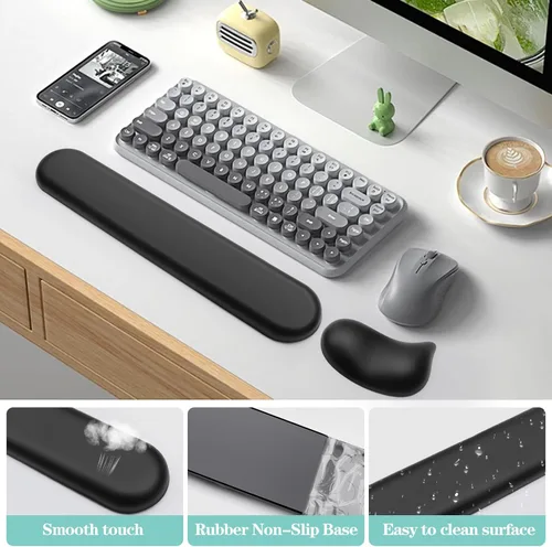 Vista 4 de Reposamuñecas para teclado y alfombrilla de mouse, juego ergonómico de reposamuñecas para teclado de espuma viscoelástica, cuero de lujo, accesorios