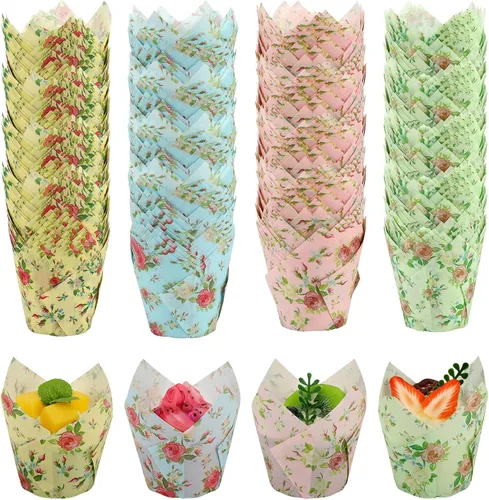 Vista 9 de Augshy - Revestimientos para magdalenas, 60 envoltorios de tulipanes negros y dorados para hornear Greaseproof Paper Muffin Wrappers Holders, Cake
