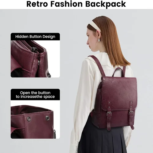 Vista 3 de LOVEVOOK Mochila de moda para mujer, mochila de cuero vegano antirrobo, mochilas con bolso pequeño, juego de 2 piezas, Púrpura-Rojo
