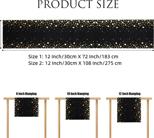 Vista 6 de Camino de mesa negro y dorado de 12 x 72 pulgadas, caminos de mesa con puntos brillantes, decoración de cocina y comedor para boda, novia, baby