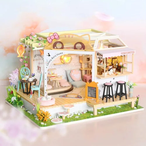 Vista 2 de CUTEBEE Casa de muñecas en miniatura con muebles, kit de casa de muñecas de madera para bricolaje, a prueba de polvo, idea creativa para habitación