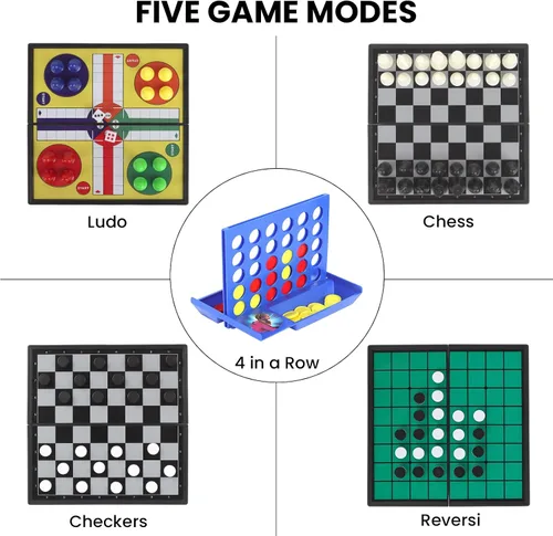 Vista 4 de Juego de mini juegos de viaje 5 en 1 con 4 tableros de ajedrez plegables y 5 juegos de piezas de ajedrez, damas magnéticas, ajedrez, ludo, reversi