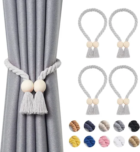 Vista 25 de NICEEC 2 Pack de Alzapaños Magnéticos de Madera en Forma de Cubo Boho para Decoración del Hogar, Alzapaños de Lino Tejidos a Mano para Cortinas Beige