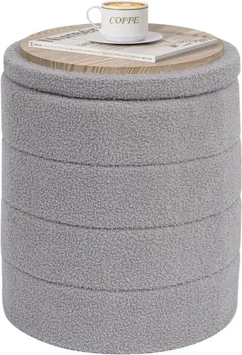 Vista 11 de PINPLUS Otomana de Almacenamiento Redonda Reposapiés Taburete con Bandeja de Terciopelo Sherpa Otomana de Almacenamiento Plegable, Reposapiés Boucle
