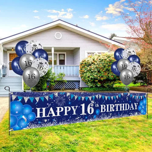 Vista 2 de Decoraciones azules de cumpleaños número 16 para niños y niñas - Pancarta feliz azul marino plateado y globos para suministros de fiesta