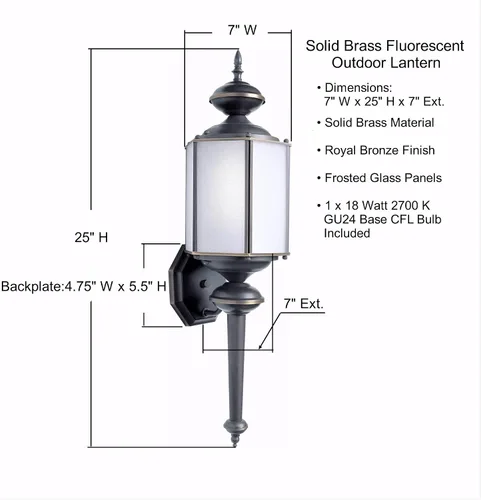 Vista 3 de Forte Lighting 10021-01-14 - Farol de pared exterior tradicional de 1 luz de bajo consumo con vidrio esmerilado, acabado de bronce real