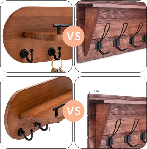 Vista 5 de SANY DAYO HOME Soporte para Llaves de Pared de Madera Marrón con Perchero de Entrada con 5 Ganchos Dorados, Barandilla de Estante de Metal