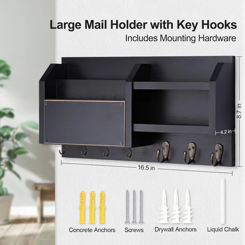 Vista 6 de Lwenki Soporte para llaves y correos – Colgador de pared para llaves con estante y 7 ganchos de metal – Organizador decorativo de entrada de madera