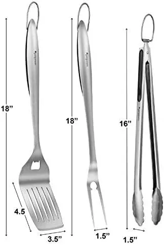 Vista 3 de Juego de 3 utensilios de barbacoa resistentes para parrilla, espátula, tenedor (3 piezas)