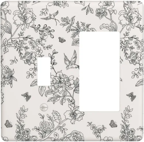 Vista 25 de Cubierta de tomacorriente eléctrico dúplex individual estilo campestre con diseño floral de flores y pájaros en blanco y negro, placa de pared de 1