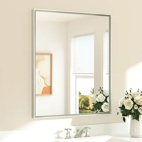 Vista 20 de TETOTE Espejo de baño dorado cepillado de 20" x 30", espejo de tocador de baño rectangular de latón dorado cepillado con marco biselado para sobre