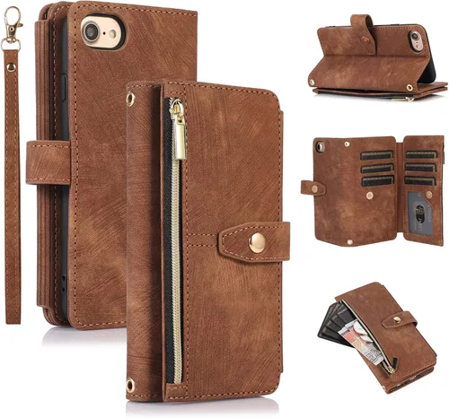 Vista 15 de UEEBAI Funda tipo cartera para iPhone SE 2022 5G/iPhone 7/iPhone 8/iPhone SE 2020, retro con 9 ranuras para tarjetas, bolsillo con cremallera, funda