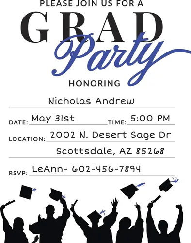 Vista 3 de 25 invitaciones de fiesta de graduación azules y negras con sobres para universidad, escuela secundaria, celebración o anuncio de graduación