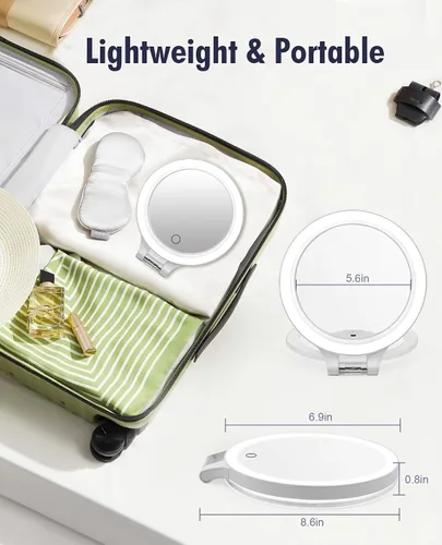 Vista 7 de FASCINATE Espejo de aumento de 10 x 1 x doble cara, espejo de tocador de maquillaje recargable con 3 modos de iluminación de color, rotación
