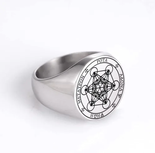 Vista 5 de Amaxer Metatron - Anillo de cubo para hombre, de acero inoxidable, vintage, con geometría sagrada, protección espiritual, anillo de amuleto