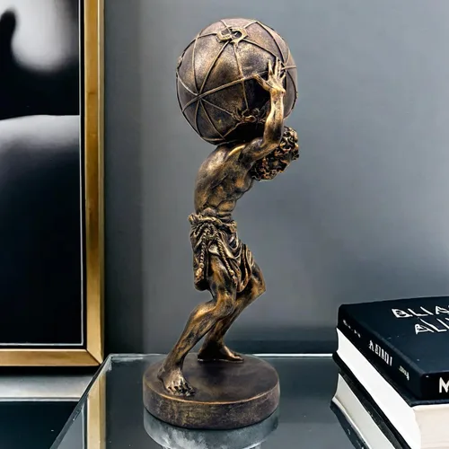Vista 3 de Estatua de bronce del atlas griego que sostiene el mundo, estatua grande de escultura en casa, oficina, sala de estar, escritorio, decoración