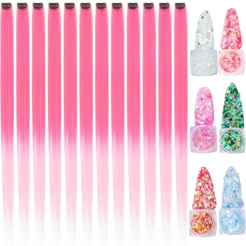 Vista 24 de Extensiones de cabello de colores, extensión de cabello liso con clip de 22 pulgadas, extensiones de cabello con brillantina multicolor arcoíris