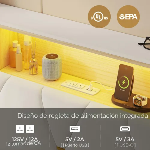 Vista 6 de HAUOMS - Base de cama de tamaño matrimonial con cabecera de almacenamiento y luces LED RGB, color crema