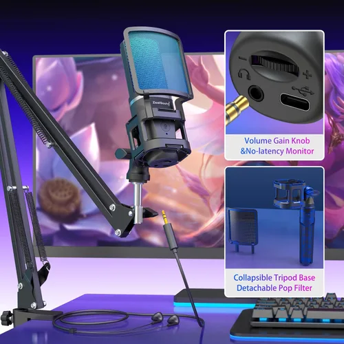 Vista 3 de ZealSound Micrófono USB para Juegos, Micrófono Condensador con Cancelación de Ruido, Micrófono RGB con Silencio, Ganancia, Monitoreo, Brazo
