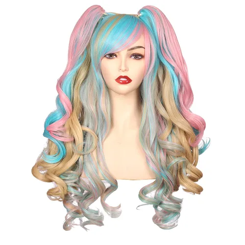 Vista 17 de ColorGround Peluca larga y rizada para cosplay con 2 colas de caballo (azul celeste)