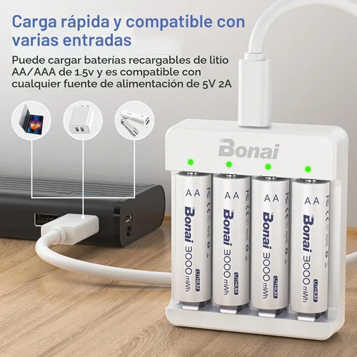 Vista 3 de BONAI Baterías recargables AA de litio con cargador, 3000 mWh 1.5 V pilas AA para cámara Blink 8 unidades con carga rápida de 2 horas, color azul