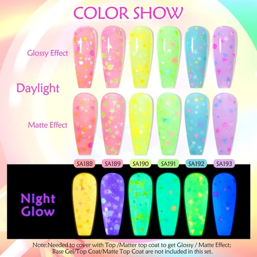 Vista 8 de MEET ACROSS Juego de esmaltes de uñas de gel luminosos de caramelo de 6 colores, esmalte de uñas de gel que brilla en la oscuridad con cepillo