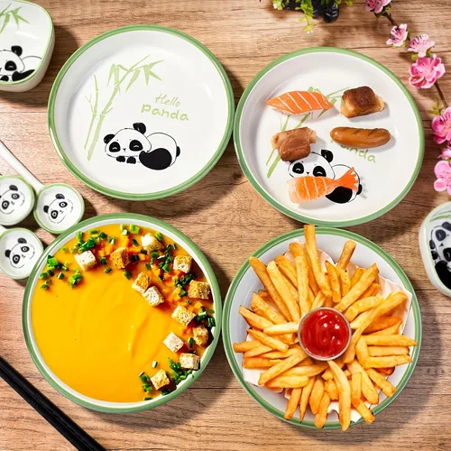 Vista 6 de Juego de 4 platos de cerámica para ensalada, platos decorativos con estampado de bambú de panda para sushi, postres, aperitivos, aptos