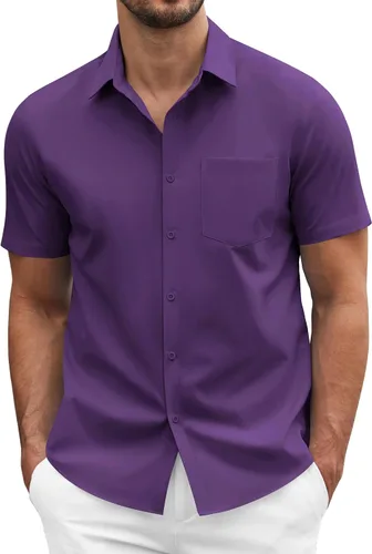 Vista 8 de COOFANDY: camisa casual de manga corta con botones para hombre, de negocios, sin doblar con bolsillo