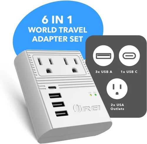 Vista 2 de OREI World Travel - Adaptador de enchufe de viaje M8 Max, 3 USB + Pd 18 W USB-C de entrada - 2 tomas de EE. UU. - Accesorios para Europa, Asia
