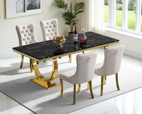 Vista 2 de Juego de mesa de comedor de mármol de 68.11 pulgadas para 4, moderna mesa de comedor de mármol sintético con 4 sillas de comedor de terciopelo