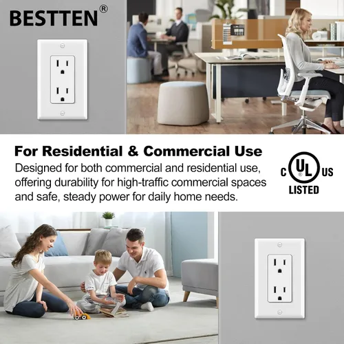 Vista 4 de BESTTEN Paquete de 20 tomas de corriente decoradora de pared de 15 amperios, no resistente a manipulaciones, placa de pared incluida