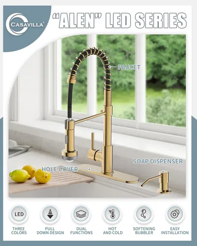 Vista 2 de Grifo de cocina LED, grifo de cocina de oro cepillado con dispensador de jabón y placa de cubierta, grifo para fregadero de cocina de casa rodante C