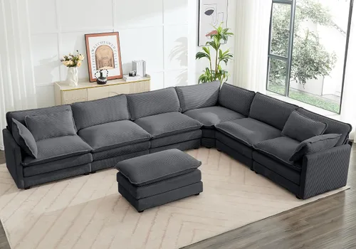 Vista 35 de ROWHY Sillón individual con otomano, sofá moderno de corduroy en forma de nube con chaise convertible, sofá tapizado para sala de estar, beige