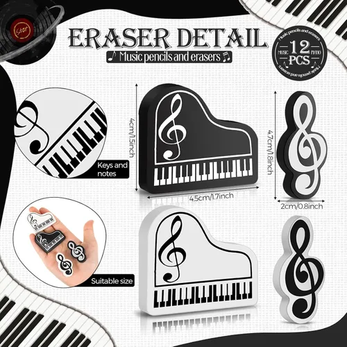 Vista 3 de 24 piezas Lápices de música con notas musicales y borradores Teclado de piano de madera Borradores para recitales de piano Regalos musicales A favor