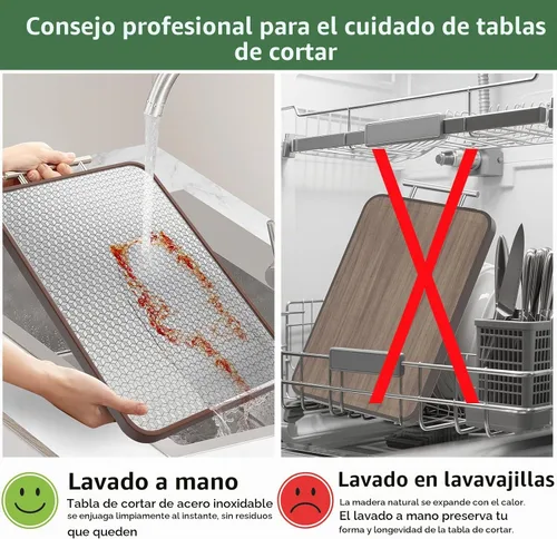 Vista 4 de Tabla de Cortar de Acero Inoxidable y Madera de Doble Cara Tablas de Cortar para Cocina - 2 en 1 Ébano Metal con Mango Resistente a Rayones Carne