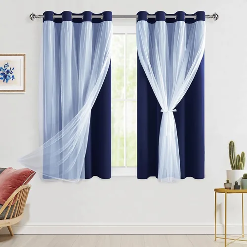 Vista 71 de Hiasan Cortinas opacas con superposición transparente, aislamiento térmico para mezclar y combinar de doble capa, cortinas de oscurecimiento de Beige
