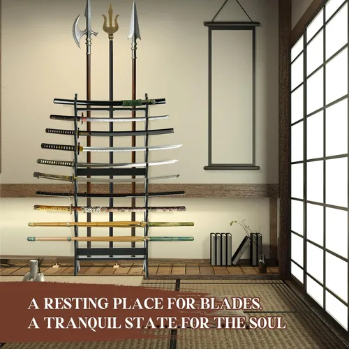 Vista 5 de Leinuosen Estante grande de exhibición de espadas de pie, con capacidad para hasta 10 espadas samurái, soporte de katana de 10 capas con 3 agujeros