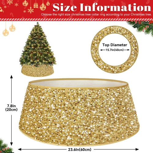 Vista 2 de FOTSHARER Collar dorado para árbol de Navidad de 23.6 pulgadas, falda de árbol de Navidad con lentejuelas, anillo de árbol con purpurina para otoño